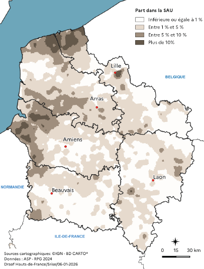 Carte représentant la part du lin textile dans la surface agricole utile (SAU) des Hauts-de-France en 2024, par petites régions agricoles. La carte met en évidence une forte concentration de la culture du lin textile dans la bande littorale et le nord-ouest de la région, notamment dans le Boulonnais, le Ponthieu, et la vallée de la Lys, où la part du lin dépasse 10 % de la SAU. Les zones situées à l'ouest d'Amiens, autour d'Arras et dans le Pays de Caux picard, présentent également une part significative, comprise entre 5 % et 10 %. Les régions plus centrales et méridionales, comme le Santerre, le Laonnois, le Soissonnais et le Plateau picard, affichent une part plus faible, généralement inférieure à 1 %, traduisant une spécialisation moindre dans cette culture.