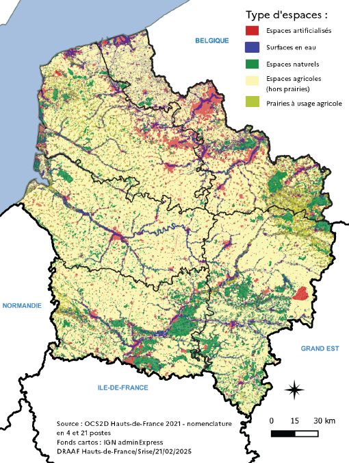 La carte montre la répartition des différents types d'espaces dans la région Hauts-de-France. Elle met en évidence la forte présence d'espaces agricoles, qui couvrent la majorité du territoire. Les prairies à usage agricole et les espaces naturels apparaissent de manière plus localisée, notamment dans les zones vallonnées et le sud de la région. Les zones artificialisées se concentrent autour des grandes agglomérations et des axes de transport, tandis que les surfaces en eau sont dispersées, principalement dans les vallées et les zones littorales.