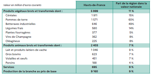 Tableau présentant les comptes de la branche agriculture en 2023 pour la région Hauts-de-France, exprimés en millions d'euros courants, ainsi que la part de la région dans la valeur nationale. Les produits végétaux bruts et transformés atteignent 5 999 millions d'euros, soit 11 % de la valeur nationale. Parmi eux, les céréales représentent 1 911 millions d'euros (15 %), les pommes de terre 1 571 millions (60 %), les betteraves industrielles 646 millions (49 %), les légumes frais 580 millions (14 %), les plantes fourragères 377 millions (5 %), les vins de Champagne 362 millions (4 %) et les oléagineux 225 millions (8 %). Les produits animaux bruts et transformés totalisent 2 403 millions d'euros, soit 7 % de la valeur nationale. Le lait et les produits laitiers de vache représentent 1 046 millions d'euros (9 %), les gros bovins 623 millions (7 %), les volailles et œufs 451 millions (7 %) et les porcins 188 millions (4 %). Les services agricoles s'élèvent à 695 millions d'euros, soit 9 % de la valeur nationale. Au total, la production de la branche agricole au prix de base dans les Hauts-de-France atteint 9 160 millions d'euros, correspondant à 9 % de la production nationale.