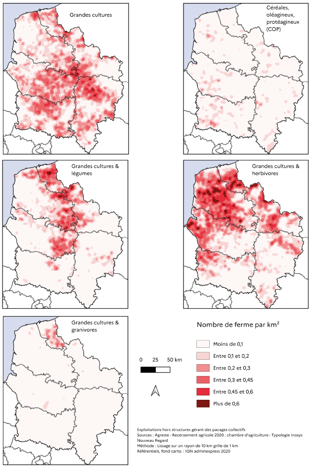Carte compos&eacute;e de cinq cartes r&eacute;gionales montrant la densit&eacute; de fermes par kilom&egrave;tre carr&eacute; selon diff&eacute;rents types de productions agricoles. Une l&eacute;gende indique les classes de densit&eacute; de fermes par kilom&egrave;tre carr&eacute;, de moins de 0,1 &agrave; plus de 0,6. Une &eacute;chelle et une fl&egrave;che d'orientation sont pr&eacute;sentes. Carte 1, en haut &agrave; gauche : carte des fermes de grandes cultures. Les densit&eacute;s les plus fortes, sup&eacute;rieures &agrave; 0,6 ferme par km&sup2;, se concentrent dans le centre et le sud du territoire, notamment autour d'un axe central nord-sud. Des zones de densit&eacute; moyenne, entre 0,2 et 0,45 ferme par km&sup2;, s'&eacute;tendent vers le nord et l'est, tandis que les densit&eacute;s les plus faibles se trouvent dans les marges nord-ouest et sud-est. Carte 2, en haut &agrave; droite : carte des fermes de c&eacute;r&eacute;ales, ol&eacute;agineux et prot&eacute;agineux. Les zones les plus denses se situent dans le nord et le centre du territoire, avec plusieurs noyaux continus d&eacute;passant 0,45 ferme par km&sup2;. Le sud et l'extr&ecirc;me est pr&eacute;sentent des densit&eacute;s plus faibles, inf&eacute;rieures &agrave; 0,2 ferme par km&sup2;. Carte 3, au centre &agrave; gauche : carte des fermes de grandes cultures et l&eacute;gumes. Les densit&eacute;s les plus &eacute;lev&eacute;es se concentrent dans le nord-ouest, notamment pr&egrave;s de la limite c&ocirc;ti&egrave;re, et dans le centre du territoire. Les zones du sud et de l'est montrent une pr&eacute;sence plus diffuse, avec des densit&eacute;s inf&eacute;rieures &agrave; 0,2 ferme par km&sup2;. Carte 4, au centre &agrave; droite : carte des fermes de grandes cultures et herbivores. Les densit&eacute;s les plus fortes se trouvent dans le nord et le centre-ouest, avec plusieurs zones continues d&eacute;passant 0,45 ferme par km&sup2;. Le sud et l'est pr&eacute;sentent des densit&eacute;s plus faibles, souvent inf&eacute;rieures &agrave; 0,2 ferme par km&sup2;. Carte 5, en bas &agrave; gauche : carte des fermes de grandes cultures et granivores. Les zones les plus denses se situent dans le nord-ouest, avec des concentrations sup&eacute;rieures &agrave; 0,45 ferme par km&sup2;. Le reste du territoire montre une densit&eacute; faible &agrave; moyenne, inf&eacute;rieure &agrave; 0,3 ferme par km&sup2;.