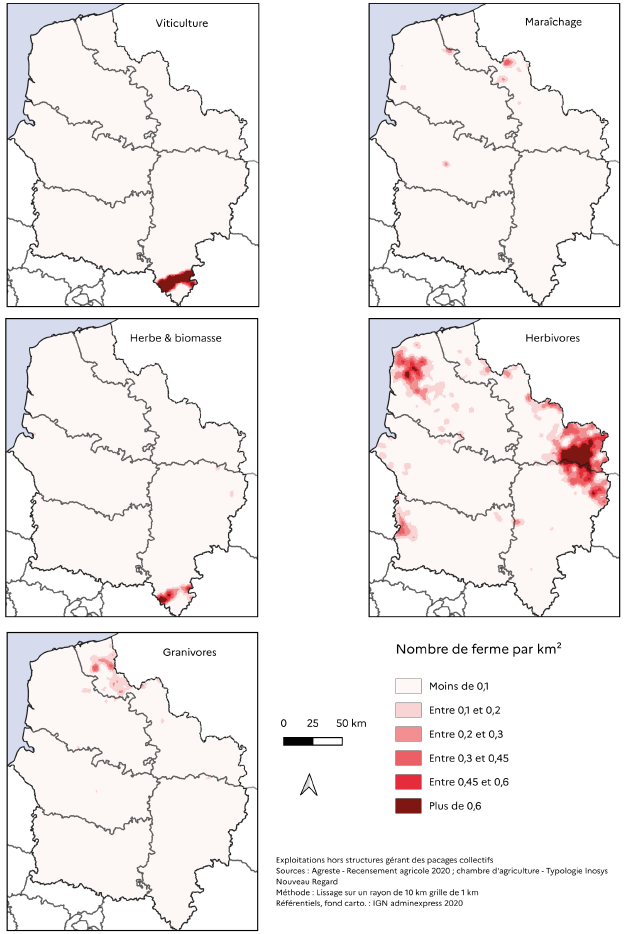 Carte compos&eacute;e de cinq cartes r&eacute;gionales montrant la densit&eacute; de fermes par kilom&egrave;tre carr&eacute; selon diff&eacute;rents types de productions agricoles. Une l&eacute;gende indique les classes de densit&eacute; de fermes par kilom&egrave;tre carr&eacute;, de moins de 0,1 &agrave; plus de 0,6. Une &eacute;chelle et une fl&egrave;che d'orientation sont pr&eacute;sentes. Carte 1, en haut &agrave; gauche : carte de la viticulture. Les fermes viticoles sont concentr&eacute;es dans le sud du territoire, avec une densit&eacute; sup&eacute;rieure &agrave; 0,6 ferme par km&sup2; dans une zone compacte. Le reste du territoire pr&eacute;sente une densit&eacute; tr&egrave;s faible, inf&eacute;rieure &agrave; 0,1 ferme par km&sup2;. Carte 2, en haut &agrave; droite : carte du mara&icirc;chage. Les fermes mara&icirc;ch&egrave;res sont dispers&eacute;es, avec quelques zones de densit&eacute; mod&eacute;r&eacute;e, entre 0,2 et 0,3 ferme par km&sup2;, situ&eacute;es dans le nord et le centre du territoire. La majorit&eacute; du territoire pr&eacute;sente une densit&eacute; inf&eacute;rieure &agrave; 0,1 ferme par km&sup2;. Carte 3, au centre &agrave; gauche : carte des fermes d'herbe et biomasse. Les zones de densit&eacute; notable, entre 0,2 et 0,45 ferme par km&sup2;, se situent dans le sud du territoire, autour d'un petit noyau localis&eacute;. Le reste du territoire montre une densit&eacute; tr&egrave;s faible, inf&eacute;rieure &agrave; 0,1 ferme par km&sup2;. Carte 4, au centre &agrave; droite : carte des fermes d'herbivores. Les densit&eacute;s les plus fortes, sup&eacute;rieures &agrave; 0,6 ferme par km&sup2;, se concentrent dans l'est du territoire, avec une large zone continue. Des densit&eacute;s interm&eacute;diaires, entre 0,2 et 0,45 ferme par km&sup2;, apparaissent dans le nord-est et le centre-est. Le reste du territoire pr&eacute;sente des densit&eacute;s faibles. Carte 5, en bas &agrave; gauche : carte des fermes de granivores. Les zones les plus denses, entre 0,2 et 0,45 ferme par km&sup2;, se situent dans le nord du territoire, avec quelques noyaux isol&eacute;s. Le reste du territoire pr&eacute;sente une densit&eacute; inf&eacute;rieure &agrave; 0,1 ferme par km&sup2;.