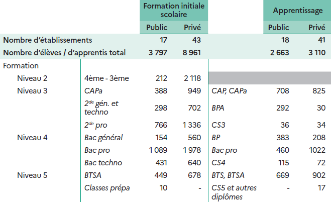 Tableau présentant la répartition des effectifs et des établissements selon le type de formation et le statut public ou privé. La formation initiale scolaire compte 17 établissements publics et 43 établissements privés, soit un total de 3 797 élèves dans le public et 8 961 dans le privé. L'apprentissage compte 18 établissements publics et 41 établissements privés, avec 2 663 apprentis dans le public et 3 110 dans le privé. Pour le niveau 2, la formation initiale scolaire comprend 212 élèves en 4ᵉ-3ᵉ dans le public et 2 118 dans le privé. Pour le niveau 3, la formation initiale scolaire compte 388 élèves en CAPa dans le public et 949 dans le privé. Pour le même niveau, l'apprentissage regroupe 708 apprentis en CAP ou CAPa dans le public et 825 dans le privé, ainsi que 292 apprentis en BPA dans le public et 30 dans le privé. Pour le niveau 4, la formation initiale scolaire comprend 298 élèves en seconde générale et technologique dans le public et 702 dans le privé, 766 élèves en seconde professionnelle dans le public et 1 336 dans le privé, 154 élèves en baccalauréat général dans le public et 560 dans le privé, 1 089 élèves en baccalauréat professionnel dans le public et 1 978 dans le privé, et 431 élèves en baccalauréat technologique dans le public et 640 dans le privé. Dans l'apprentissage, le niveau 4 regroupe 36 apprentis en CS3 dans le public et 34 dans le privé, 383 apprentis en BP dans le public et 306 dans le privé, 460 apprentis en baccalauréat professionnel dans le public et 1 022 dans le privé, et 115 apprentis en CS4 dans le public et 72 dans le privé. Pour le niveau 5, la formation initiale scolaire compte 449 élèves en BTSA dans le public et 678 dans le privé, ainsi que 10 élèves en classes préparatoires dans le public et aucun dans le privé. Dans l'apprentissage, le niveau 5 regroupe 669 apprentis en BTS ou BTSA dans le public et 902 dans le privé, ainsi que 17 apprentis en CSS ou autres diplômes dans le privé et aucun dans le public.
