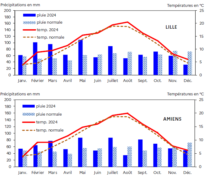 Graphiques comparant les précipitations et les températures mensuelles de l'année 2024 aux normales climatiques à Lille et à Amiens. Pour Lille, les précipitations de 2024 varient entre environ 40 et 100 mm selon les mois, globalement proches ou légèrement inférieures aux normales, tandis que les températures suivent la tendance saisonnière habituelle, avec un pic estival autour de 20 °C. Pour Amiens, les précipitations de 2024 oscillent entre environ 30 et 90 mm, également proches des valeurs normales, et les températures présentent une évolution similaire, atteignant environ 20 °C en été avant de redescendre en hiver.