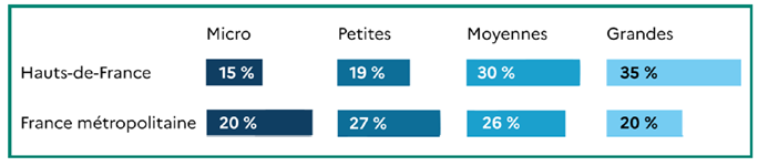 Graphique présentant la répartition des exploitations agricoles en 2020 par taille économique dans les Hauts-de-France et en France métropolitaine (en %). Dans les Hauts-de-France, les exploitations micro représentent 15 %, les petites 19 %, les moyennes 30 % et les grandes 35 %. En France métropolitaine, la structure est différente : les exploitations micro constituent 20 %, les petites 27 %, les moyennes 26 % et les grandes 20 %. Ainsi, la région Hauts-de-France se distingue par une proportion nettement plus élevée de grandes exploitations et une part plus faible de petites et micro exploitations par rapport à la moyenne nationale.