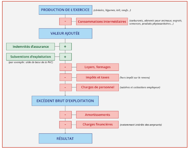 Le schéma décrit les principales étapes de formation du résultat d'une exploitation agricole. La production de l'exercice, correspondant aux biens et services agricoles réalisés, est diminuée des consommations intermédiaires pour obtenir la valeur ajoutée. Celle-ci est augmentée des indemnités d'assurance et des subventions d'exploitation. Sont ensuite déduits les loyers, impôts, taxes et charges de personnel pour calculer l'excédent brut d'exploitation. Enfin, les amortissements et les charges financières sont retranchés pour aboutir au résultat final.