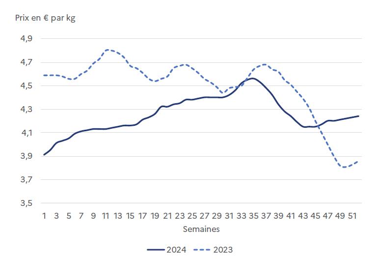 Graphique comparant le prix en euros par kilogramme de la viande bovine de race laitière pour les années 2023 et 2024. Les deux années présentent des dynamiques inversées. La courbe de 2023 débute à un niveau élevé, autour de 4,60 €, atteint un pic à plus de 4,80 € en semaine 11, puis suit une tendance à la baisse qui s'accélère fortement en fin d'année, pour terminer sous les 3,90 €. À l'inverse, la courbe de 2024 commence l'année plus bas, vers 3,90 €, connaît une hausse progressive jusqu'à un sommet d'environ 4,55 € en semaine 35, avant de se replier. Le prix en 2024, d'abord nettement inférieur à celui de 2023, finit par le dépasser à partir de la semaine 41.