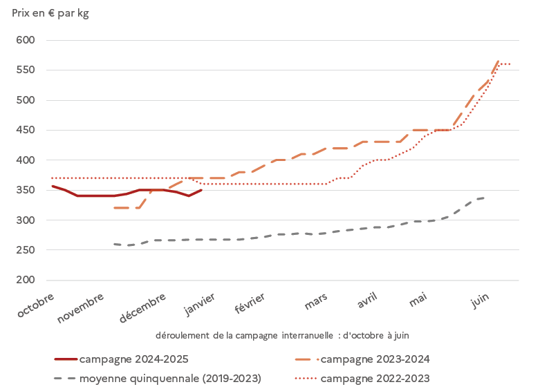 Le graphique présente l'évolution des prix de la pomme de terre chair normale, calibre 50-75 mm, catégorie II non lavée en filet de 25 kg, entre octobre et juin pour plusieurs campagnes. La campagne 2024-2025 démarre autour de 360 €/t et reste stable jusqu'en janvier, en dessous de la campagne 2023-2024 qui progresse régulièrement pour dépasser 500 €/t en juin. La campagne 2022-2023 suit une évolution intermédiaire, avec une hausse marquée à partir d'avril pour atteindre environ 550 €/t en fin de période. La moyenne des campagnes 2019-2023 reste nettement inférieure, autour de 250 à 330 €/t.