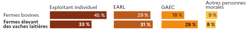 Graphique en barres comparant le statut juridique des fermes bovines et des fermes élevant des vaches laitières. Exploitant individuel : 45 % des fermes bovines, 33 % des fermes avec vaches laitières. EARL : 29 % des fermes bovines, 31 % des fermes avec vaches laitières. GAEC : 18 % des fermes bovines, 29 % des fermes avec vaches laitières. Autres personnes morales : 9 % des fermes bovines, 8 % des fermes avec vaches laitières.