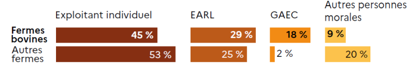 Graphique en barres horizontales comparant le statut juridique des fermes bovines et des autres fermes. Pour les fermes bovines : 45 % sont des exploitants individuels, 29 % des EARL, 18 % des GAEC et 9 % d'autres personnes morales. Pour les autres fermes : 53 % sont des exploitants individuels, 25 % des EARL, 2 % des GAEC et 20 % d'autres personnes morales.