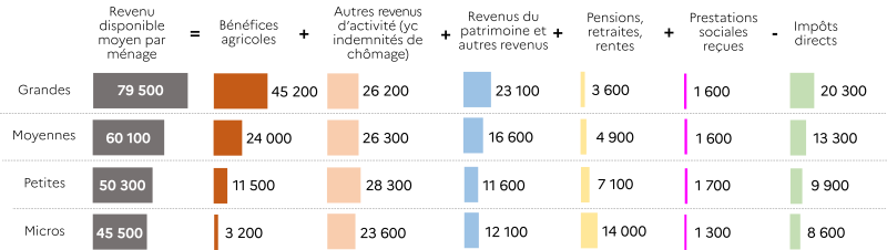 Le graphique présente des données sur la composition moyenne du revenu disponible des ménages agricoles en 2020 selon la taille économique de l'exploitation. Voici les détails : - le revenu disponible moyen par ménage s'élève à 79500 euros en 2020 pour les ménages agricoles des Hauts-de-France détenant des grandes fermes. 26200 euros de ce revenu disponible moyen proviennent des autres revenus d'activité (salaires, traitements, indemnités chômage) et 45200 euros correspondent aux bénéfices agricoles. Les pensions, retraites et rentes pèsent 3600 euros et les revenus du patrimoine 23100 euros. Les prestations sociales reçues représentent 1600 euros du revenu disponible moyen et enfin, les impôts directs pèsent pour - 20300 euros du montant. - le revenu disponible moyen par ménage s'élève à 60100 euros en 2020 pour les ménages agricoles des Hauts-de-France détenant des moyennes fermes. 26300 euros de ce revenu disponible moyen proviennent des autres revenus d'activité (salaires, traitements, indemnités chômage) et 24000 euros correspondent aux bénéfices agricoles. Les pensions, retraites et rentes pèsent 4900 euros et les revenus du patrimoine 16600 euros. Les prestations sociales reçues représentent 1600 euros du revenu disponible moyen et enfin, les impôts directs pèsent pour - 13300 euros du montant. - le revenu disponible moyen par ménage s'élève à 50300 euros en 2020 pour les ménages agricoles des Hauts-de-France détenant des petites fermes. 28300 euros de ce revenu disponible moyen proviennent des autres revenus d'activité (salaires, traitements, indemnités chômage) et 11500 euros correspondent aux bénéfices agricoles. Les pensions, retraites et rentes pèsent 7100 euros et les revenus du patrimoine 11600 euros. Les prestations sociales reçues représentent 1700 euros du revenu disponible moyen et enfin, les impôts directs pèsent pour - 9900 euros du montant. - le revenu disponible moyen par ménage s'élève à 45500 euros en 2020 pour les ménages agricoles des Hauts-de-France détenant des micros fermes. 23600 euros de ce revenu disponible moyen proviennent des autres revenus d'activité (salaires, traitements, indemnités chômage) et 3200 euros correspondent aux bénéfices agricoles. Les pensions, retraites et rentes pèsent 14000 euros et les revenus du patrimoine 12100 euros. Les prestations sociales reçues représentent 1300 euros du revenu disponible moyen et enfin, les impôts directs pèsent pour - 8600 euros du montant.