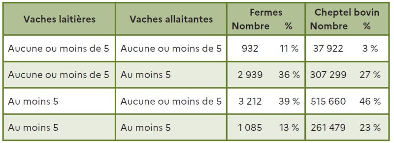 Tableau présentant la répartition des fermes bovines selon la présence de vaches laitières et de vaches allaitantes. 11 % des fermes (932) ont aucune ou moins de 5 vaches laitières et allaitantes, représentant 3 % du cheptel bovin (37 922 têtes). 36 % des fermes (2 939) ont aucune ou moins de 5 vaches laitières mais au moins 5 vaches allaitantes, soit 27 % du cheptel (307 299 têtes). 39 % des fermes (3 212) ont au moins 5 vaches laitières et aucune ou moins de 5 vaches allaitantes, regroupant 46 % du cheptel (515 660 têtes). 13 % des fermes (1 085) ont au moins 5 vaches laitières et au moins 5 vaches allaitantes, représentant 23 % du cheptel (261 479 têtes).
