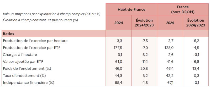 Le tableau compare les ratios économiques des exploitations agricoles en Hauts-de-France et en France métropolitaine pour l'année 2024, avec leur évolution par rapport à 2023 à champ constant et prix courants. En Hauts-de-France, la production de l'exercice par hectare s'établit à 3,3 milliers d'euros en 2024, en baisse de 7,5% par rapport à 2023. La production de l'exercice par ETP atteint 177,5 milliers d'euros, en recul de 7,0%. Les charges à l'hectare s'élèvent à 3,1 milliers d'euros, en diminution de 3,2%. La valeur ajoutée par ETP totaux se situe à 61,0 milliers d'euros, en baisse de 11,1%. Le poids de l'endettement atteint 46,0% en 2024, en forte augmentation de 20,8 points de pourcentage par rapport à 2023. Le taux d'endettement s'établit à 44,3%, en hausse de 3,2 points. L'indépendance financière se maintient à 65,4%, en légère baisse de 1,5 point. En France métropolitaine, la production de l'exercice par hectare s'établit à 2,7 milliers d'euros en 2024, en baisse de 6,2% par rapport à 2023. La production de l'exercice par ETP atteint 128,0 milliers d'euros, en recul de 4,5%. Les charges à l'hectare s'élèvent à 2,6 milliers d'euros, en diminution de 3,1%. La valeur ajoutée par ETP totaux se situe à 41,6 milliers d'euros, en baisse de 6,8%. Le poids de l'endettement atteint 46,4% en 2024, en augmentation de 13,4 points de pourcentage par rapport à 2023. Le taux d'endettement s'établit à 42,2%, en hausse de 0,3 point. L'indépendance financière se maintient à 67,1%, en légère hausse de 0,1 point. Globalement, l'année 2024 se caractérise par une dégradation des ratios de productivité et de valeur ajoutée, tant en Hauts-de-France qu'au niveau national. L'endettement progresse significativement dans les deux zones, avec une hausse particulièrement marquée en Hauts-de-France. Les exploitations régionales affichent une productivité supérieure à la moyenne nationale, mais également une dégradation plus prononcée de leur situation financière.