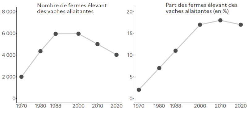 Les deux graphiques illustrent l'évolution du nombre et de la part des fermes élevant des vaches allaitantes dans les Hauts-de-France entre 1970 et 2020. Le premier graphique montre une forte progression du nombre de fermes entre 1970 et 1988, passant d'environ 2 000 à plus de 6 000 exploitations. Ce nombre se stabilise ensuite jusqu'aux années 2000, avant de diminuer progressivement pour atteindre environ 4 000 fermes en 2020. Le second graphique indique que la part des fermes élevant des vaches allaitantes a également augmenté de manière continue jusqu'en 2010, passant de moins de 2 % en 1970 à près de 18 %. Après ce pic, une légère baisse est observée, la part se situant autour de 16 % en 2020.