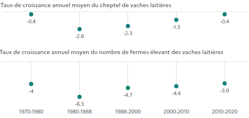 Graphique à points présentant le taux de croissance annuel moyen du cheptel de vaches laitières et celui du nombre de fermes élevant des vaches laitières entre 1970 et 2020. Pour le cheptel, les taux sont de : -0,4 % entre 1970 et 1980, -2,8 % entre 1980 et 1988, -2,3 % entre 1988 et 2000, -1,3 % entre 2000 et 2010, et -0,4 % entre 2010 et 2020. Pour le nombre de fermes, les taux sont de : -4 % entre 1970 et 1980, -6,3 % entre 1980 et 1988, -4,7 % entre 1988 et 2000, -4,4 % entre 2000 et 2010, et -3,9 % entre 2010 et 2020.
