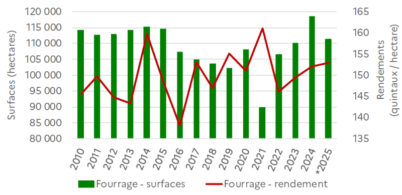 Le graphique présente l'évolution des surfaces (en hectares, échelle de gauche) et des rendements (en quintaux par hectare, échelle de droite) de maïs fourrage en Hauts-de-France entre 2010 et 2025. Surfaces de maïs fourrage : Les surfaces cultivées oscillent entre environ 85 000 ha et 120 000 ha sur la période, avec une tendance générale à la baisse depuis 2010. En 2010, elles s'établissent à environ 115 000 ha, puis se maintiennent à un niveau élevé autour de 110 000-115 000 ha entre 2011 et 2015. À partir de 2016, les surfaces diminuent progressivement pour atteindre environ 105 000 ha en 2016-2017, puis environ 100 000 ha en 2018. La baisse s'accentue en 2019 avec environ 95 000 ha, puis les surfaces remontent légèrement à environ 105 000 ha en 2020, avant de chuter fortement à environ 90 000 ha en 2021. Entre 2022 et 2025, les surfaces remontent progressivement, atteignant environ 110 000 ha en 2022, puis environ 120 000 ha en 2023 (niveau le plus élevé de la période), avant de redescendre à environ 110 000 ha en 2024-2025. Rendements de maïs fourrage : Les rendements présentent une forte variabilité interannuelle, oscillant entre environ 140 et 162 quintaux par hectare. En 2010, ils s'établissent à environ 147 qx/ha, puis augmentent à environ 150 qx/ha en 2011, avant de chuter à environ 145 qx/ha en 2012-2013. Les rendements remontent ensuite à environ 160 qx/ha en 2014, puis chutent fortement à environ 142 qx/ha en 2015-2016. Entre 2017 et 2019, les rendements oscillent entre 150 et 155 qx/ha. En 2020, ils atteignent environ 155 qx/ha, puis connaissent un pic exceptionnel proche de 162 qx/ha en 2021. Les rendements chutent ensuite à environ 148 qx/ha en 2022, puis remontent à environ 155 qx/ha en 2023, avant de redescendre à environ 150 qx/ha en 2024 et de remonter légèrement à environ 153 qx/ha en 2025. Globalement, l'évolution révèle une tendance à la baisse des surfaces cultivées entre 2010 et 2021, suivie d'une remontée en 2022-2023, puis d'une stabilisation autour de 110 000 ha en 2024-2025. Les rendements présentent une forte volatilité liée aux conditions climatiques, avec des années exceptionnelles (2014, 2021) et des années difficiles (2015-2016, 2022), traduisant l'impact déterminant de la disponibilité en eau et des températures estivales sur les performances de la culture du maïs fourrage en Hauts-de-France.