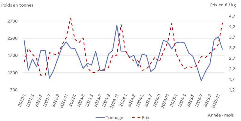 Le graphique présente deux séries mensuelles : le tonnage débarqué (bleu, en tonnes) et le prix moyen (rouge pointillé, en €/kg), révélant la dynamique du premier port de pêche français. Période 2022-2023 : Volatilité marquée Les volumes oscillent fortement entre 1 000 et 2 500 tonnes par mois, avec des creux à environ 1 200 tonnes (mi-2022, début 2023) et des pics à 2 200-2 500 tonnes (fin 2022, mi-2023). Cette volatilité reflète la saisonnalité de la pêche (conditions météo, migrations des espèces, quotas) et les aléas d'exploitation. Les prix varient entre 2,20 et 4,70 €/kg, avec une relation inverse classique : les prix montent quand les volumes baissent (pénurie relative) et inversement. Le pic de prix à 4,70 €/kg début 2023 coïncide avec un creux de tonnage à 1 200 tonnes. Période 2023-2024 : Stabilisation relative des volumes Les débarquements se stabilisent autour de 1 500-2 000 tonnes par mois en 2023-2024, avec moins de fluctuations extrêmes. Les prix restent volatils entre 2,20 et 4,20 €/kg, maintenant la relation inverse volumes-prix. Un pic de prix à 4,20 €/kg mi-2024 correspond à un volume modéré de 1 500 tonnes. Cette période suggère une meilleure régularité de l'activité, possiblement liée à une gestion optimisée des quotas ou à des conditions d'exploitation plus favorables. Période 2024-2025 : Nouvelle volatilité Les volumes repartent à la hausse avec des pics à 2 200 tonnes (fin 2024) puis rechutent à environ 1 000 tonnes (mi-2025), marquant le creux le plus bas de la période observée. Les prix réagissent fortement, atteignant 4,20 €/kg mi-2025 lors du creux de volume. Cette phase révèle des tensions accrues sur la ressource ou des difficultés d'exploitation (conditions météo, restrictions réglementaires, hausse des coûts énergétiques limitant les sorties en mer). Période 2025-2026 : Reprise et tension sur les prix Les volumes remontent progressivement à 2 000-2 200 tonnes fin 2025-début 2026, signalant une reprise de l'activité. Les prix restent élevés autour de 3,50-4,20 €/kg, avec un pic à 4,20 €/kg début 2026 malgré des volumes corrects. Cette persistance de prix élevés suggère une demande soutenue et/ou une valorisation accrue des produits de la mer dans un contexte d'inflation alimentaire et de recherche de protéines de qualité. Conclusion L'évolution révèle une activité structurellement volatile avec des variations de volumes de 1 à 2,5 entre creux et pics, typique de la pêche maritime. La relation inverse volumes-prix reste dominante mais s'atténue en fin de période, avec des prix qui se maintiennent à des niveaux élevés (3,50-4,20 €/kg) même lors de volumes corrects, témoignant d'une revalorisation structurelle des produits de la pêche. Les creux de volumes en 2025 interrogent sur la durabilité de la ressource et les défis de la filière (coûts énergétiques, réglementation, changement climatique).
