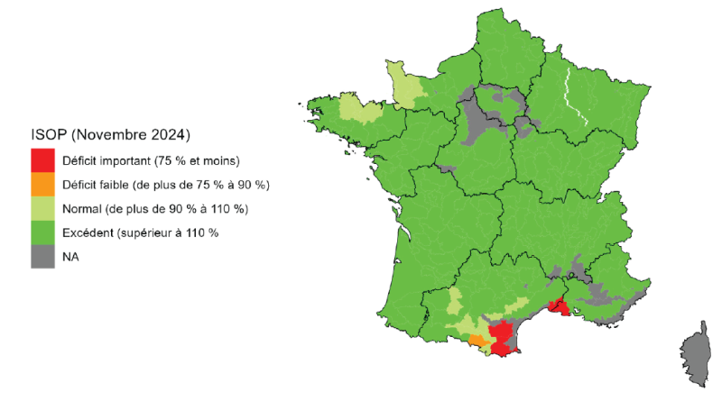 La carte représente l'indice d'humidité des sols au 11 septembre 2025 en France métropolitaine. La quasi-totalité du territoire présente une situation normale, tandis que des zones du sud-est, notamment en Provence-Alpes-Côte d'Azur et en Occitanie, montrent des niveaux très secs à extrêmement secs. Quelques régions en gris correspondent à des zones sans données disponibles.