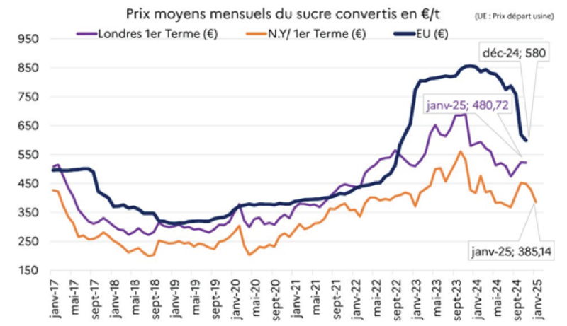 Le graphique montre l'évolution des prix moyens mensuels du sucre en Europe et sur les marchés à terme de Londres et de New York entre janvier 2017 et janvier 2025. Après la fin des quotas sucriers, les prix ont d'abord baissé jusqu'en 2019, avant de se stabiliser autour de 300 à 350 €/t. À partir de 2021, les prix ont fortement augmenté, atteignant un pic en 2023, puis ont amorcé une baisse progressive. En décembre 2024, le prix européen était de 580 €/t, tombant à 480,72 €/t en janvier 2025, tandis que le marché de New York affichait 385,14 €/t.