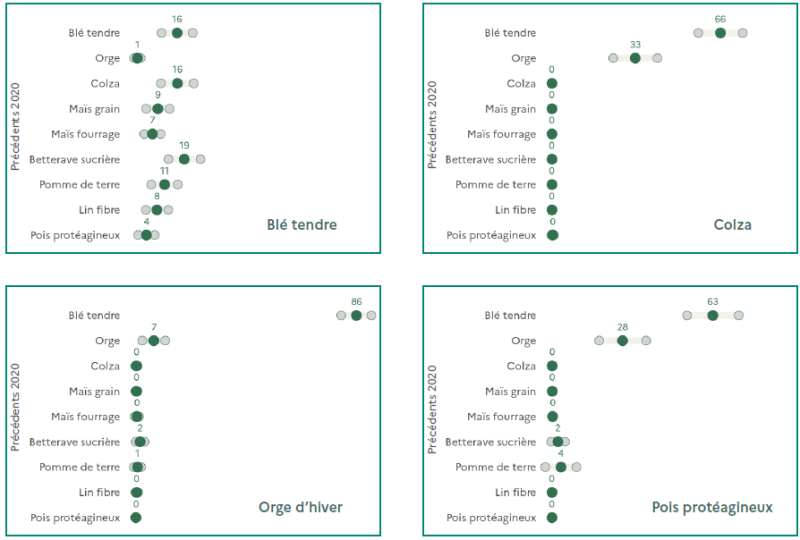 Ce graphique regroupe quatre diagrammes présentant, pour chaque culture implantée en 2021, la répartition des précédents culturaux en 2020. Les proportions sont représentées par des cercles positionnés sur une échelle horizontale. Pour le blé tendre, le précédent le plus fréquent est la betterave sucrière, avec 19 % des surfaces. Le blé tendre et le colza représentent chacun 16 %, la pomme de terre 11 %, le maïs grain 9 %, le lin fibre 8 %, le maïs fourrage 7 %, le pois protéagineux 4 % et l'orge 1 %. Pour le colza, les précédents sont presque exclusivement le blé tendre, qui représente 66 % des surfaces, et l'orge, qui en représente 33 %. Les autres précédents, à savoir le colza, le maïs grain, le maïs fourrage, la betterave sucrière, la pomme de terre, le lin fibre et le pois protéagineux, représentent chacun 0 %. Pour l'orge d'hiver, le blé tendre constitue le principal précédent, avec 86 % des surfaces. L'orge représente 7 %, la betterave sucrière 2 % et la pomme de terre 1 %. Le colza, le maïs grain, le maïs fourrage, le lin fibre et le pois protéagineux représentent chacun 0 %. Pour le pois protéagineux, le blé tendre représente 63 % des surfaces et l'orge 28 %. La pomme de terre représente 4 %, la betterave sucrière 2 % et les autres précédents, à savoir le colza, le maïs grain, le maïs fourrage, le lin fibre et le pois protéagineux, représentent chacun 0 %.