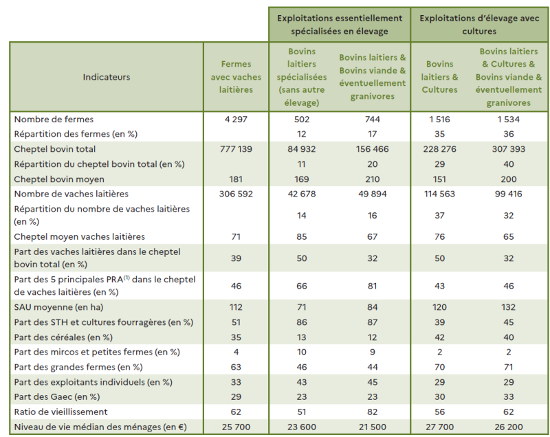 Tableau comparatif présentant plusieurs indicateurs structurels et économiques selon le type d'exploitation laitière. Les fermes avec vaches laitières sont au nombre de 4 297, représentant 100 % des exploitations et totalisant 777 139 bovins, soit un cheptel moyen de 181 têtes. Elles comptent 306 592 vaches laitières, avec un cheptel moyen de 71 vaches par ferme. Les vaches laitières représentent 39 % du cheptel bovin total. La surface agricole utile moyenne est de 112 ha, dont 64 % en surfaces toujours en herbe et cultures fourragères. 63 % des fermes sont de grande taille, 33 % sont des exploitations individuelles et 23 % des GAEC. Le ratio de vieillissement est de 0,7 et le niveau de vie médian des ménages atteint 25 700 €. Les exploitations bovins laitiers spécialisées (sans autre élevage) sont 502, soit 12 % des fermes, avec un cheptel total de 42 678 vaches laitières (14 % du total). Leur cheptel moyen est de 85 vaches, pour une SAU moyenne de 116 ha. Elles comptent 73 % de grandes fermes, 31 % d'exploitants individuels et 32 % de GAEC. Le niveau de vie médian est de 23 600 €. Les exploitations bovins laitiers et bovins viande et éventuellement granivores sont 744, soit 17 % des fermes, avec 49 894 vaches laitières (16 % du total). Leur cheptel moyen est de 67 vaches, pour une SAU moyenne de 104 ha. Elles comptent 59 % de grandes fermes, 33 % d'exploitants individuels et 28 % de GAEC. Le niveau de vie médian est de 21 500 €. Les exploitations bovins laitiers et cultures sont 1 516, soit 35 % des fermes, avec 114 563 vaches laitières (37 % du total). Leur cheptel moyen est de 76 vaches, pour une SAU moyenne de 128 ha. Elles comptent 64 % de grandes fermes, 32 % d'exploitants individuels et 25 % de GAEC. Le niveau de vie médian est de 27 700 €. Les exploitations bovins laitiers et cultures et bovins viande et éventuellement granivores sont 1 534, soit 36 % des fermes, avec 99 416 vaches laitières (32 % du total). Leur cheptel moyen est de 65 vaches, pour une SAU moyenne de 120 ha. Elles comptent 62 % de grandes fermes, 34 % d'exploitants individuels et 26 % de GAEC. Le niveau de vie médian est de 26 200 €.