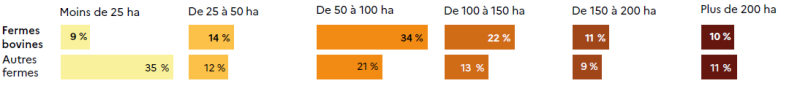 Graphique en barres horizontales comparant la répartition des fermes bovines et des autres fermes selon la surface agricole utile. Pour les fermes bovines : 9 % ont moins de 25 ha, 14 % entre 25 et 50 ha, 34 % entre 50 et 100 ha, 22 % entre 100 et 150 ha, 11 % entre 150 et 200 ha, et 10 % plus de 200 ha. Pour les autres fermes : 35 % ont moins de 25 ha, 12 % entre 25 et 50 ha, 21 % entre 50 et 100 ha, 13 % entre 100 et 150 ha, 9 % entre 150 et 200 ha, et 11 % plus de 200 ha